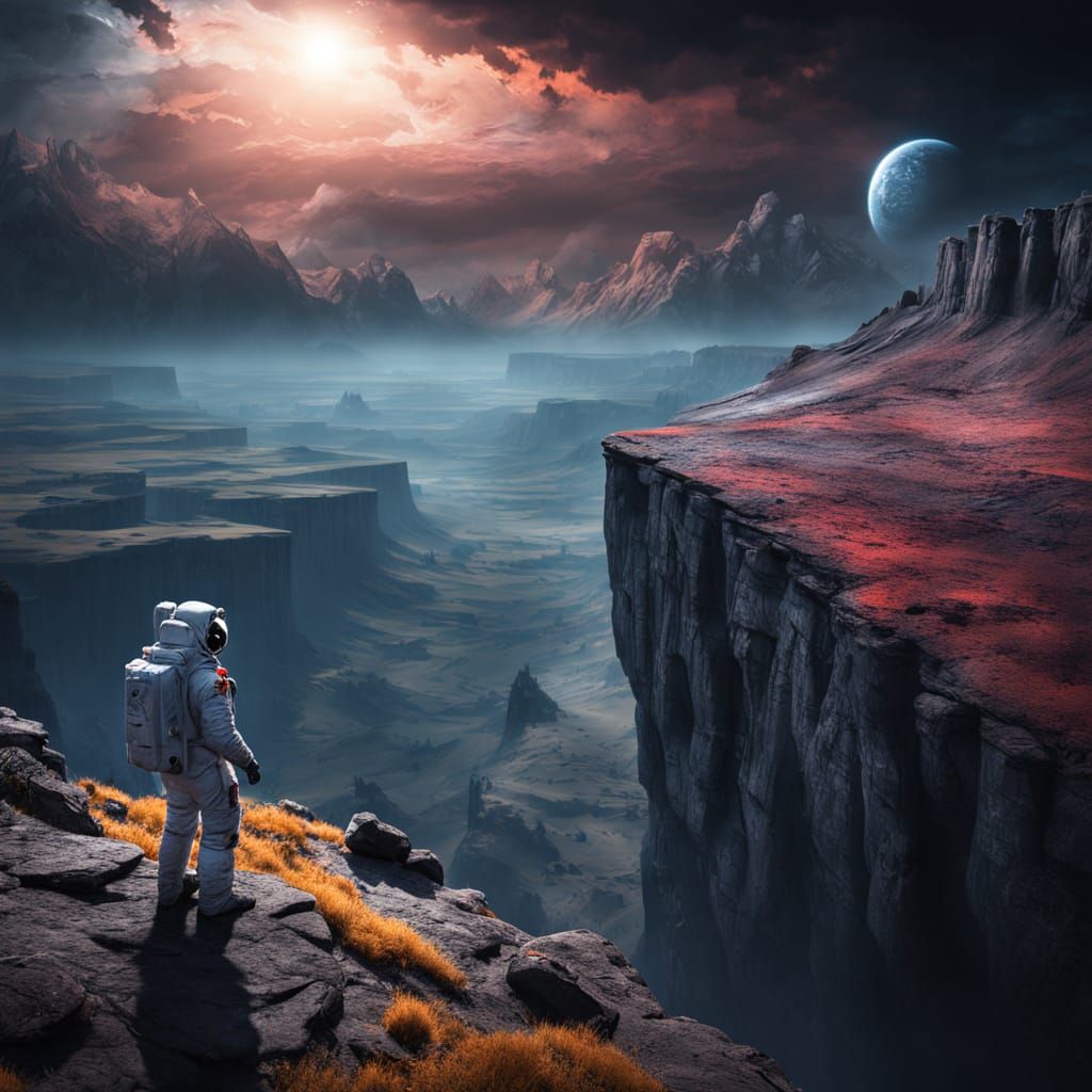 Hyper-Realistic Cinematic Landscape of a Lonely Astronaut Ov...