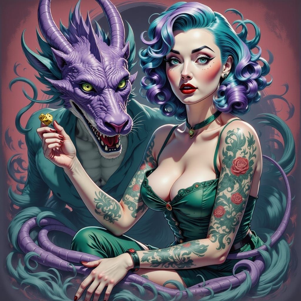 Elegant Woman Rolls Dice Beside a Regal Purple Dragon in a C...