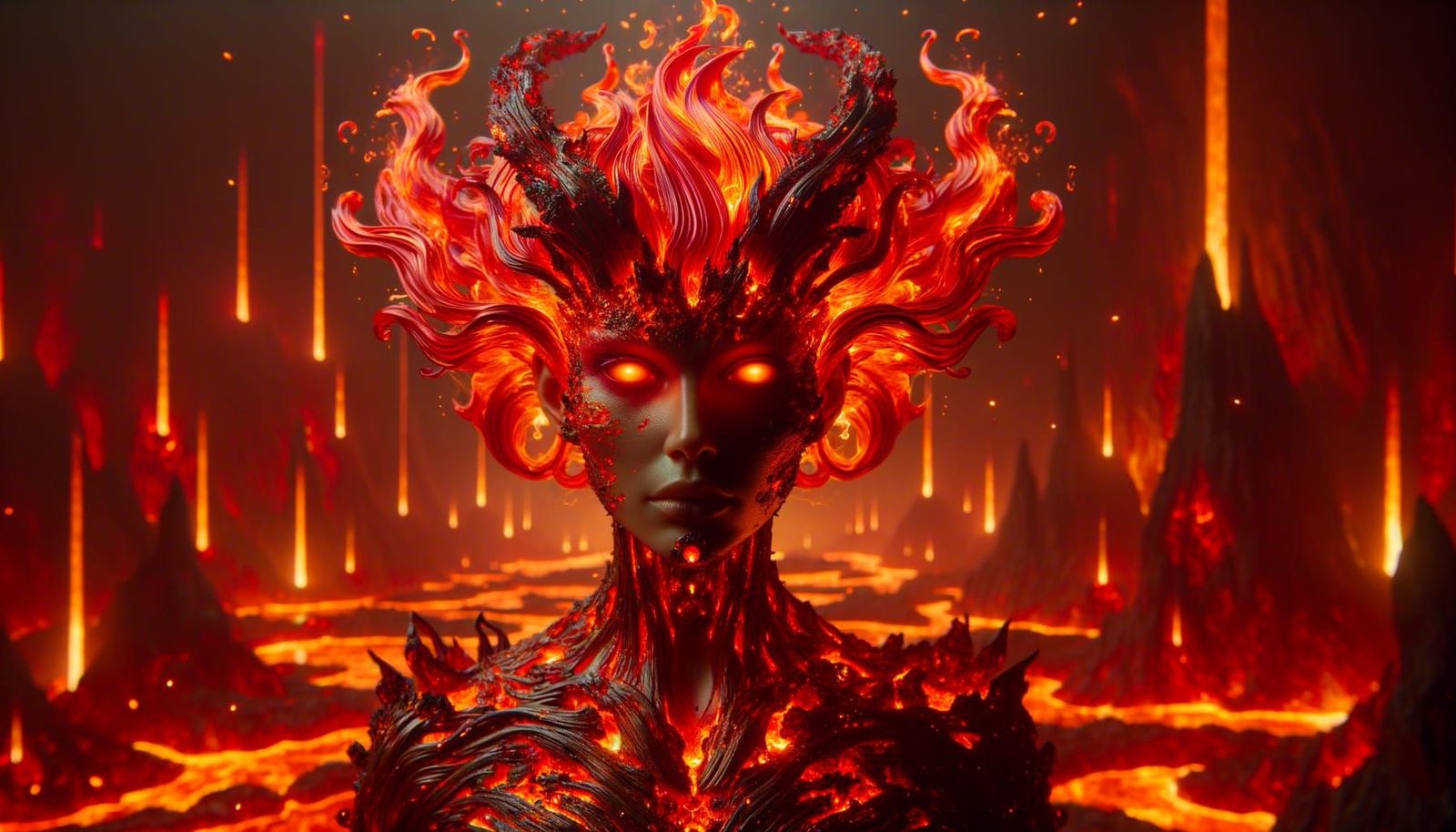 Infernal Goddess With Fiery Hair and Molten Skin