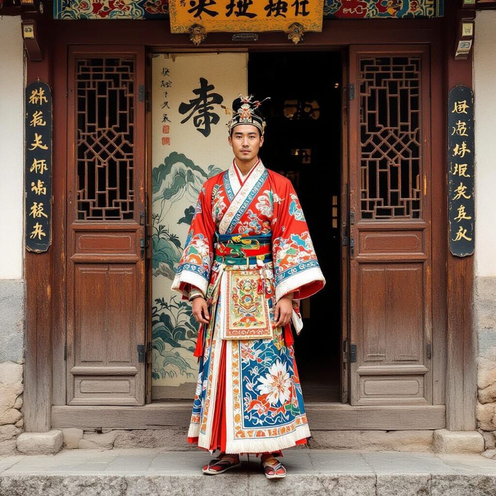 Asian Man at Ancient Door in Hokusai Style