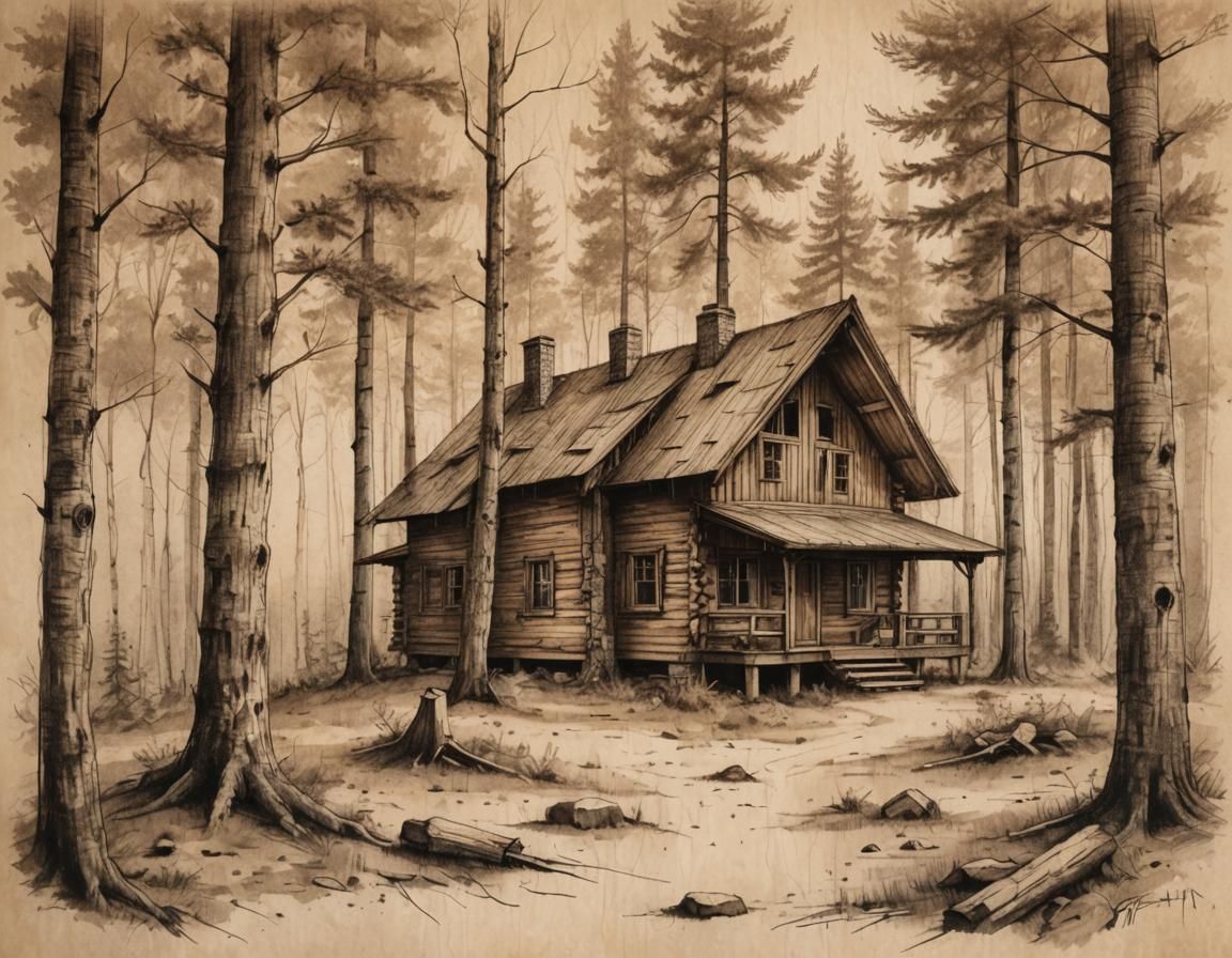 Cabin in Woods: Hyper-Realistic Technical Drawing