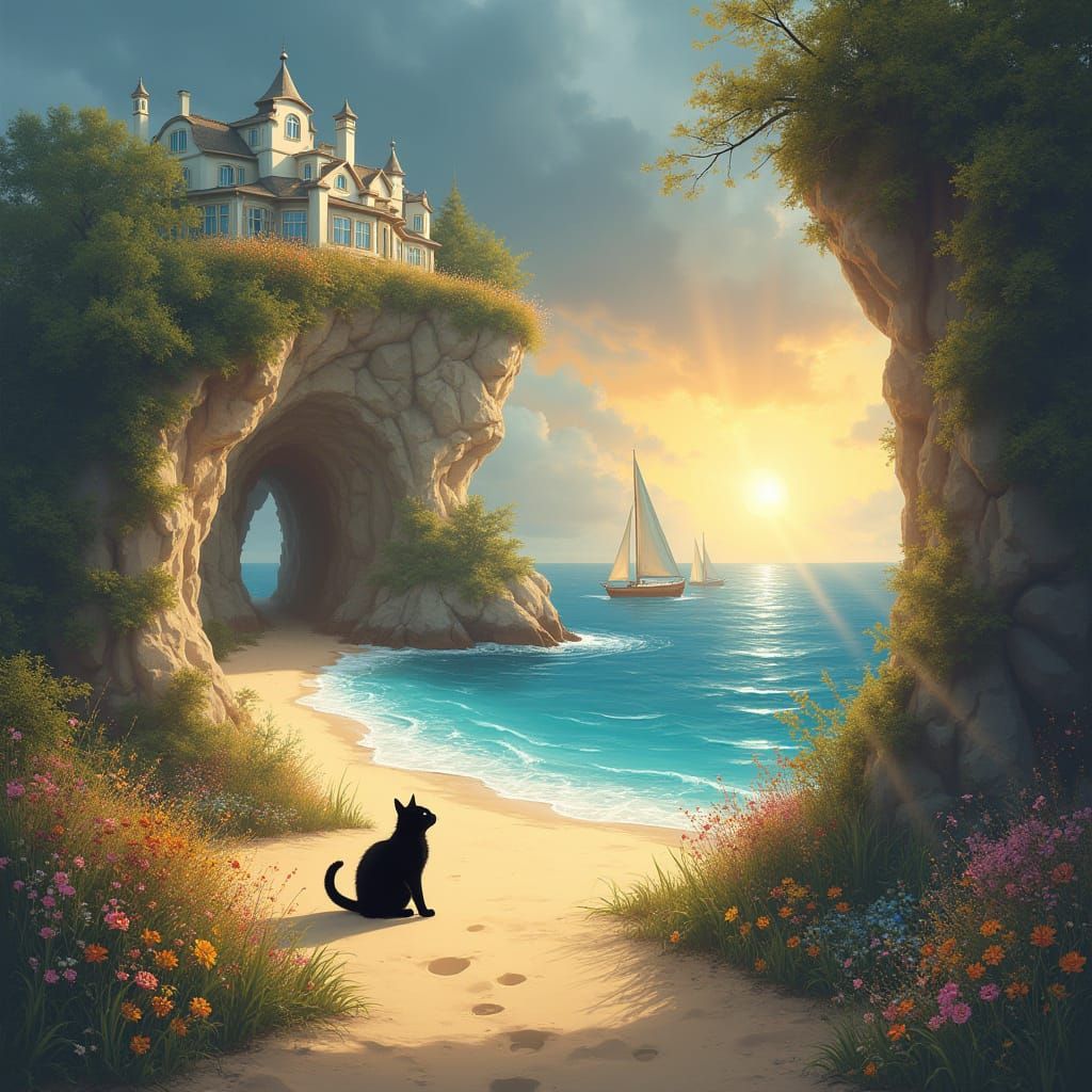 Ethereal Black Cat Explores Whimsical Beachside Realm