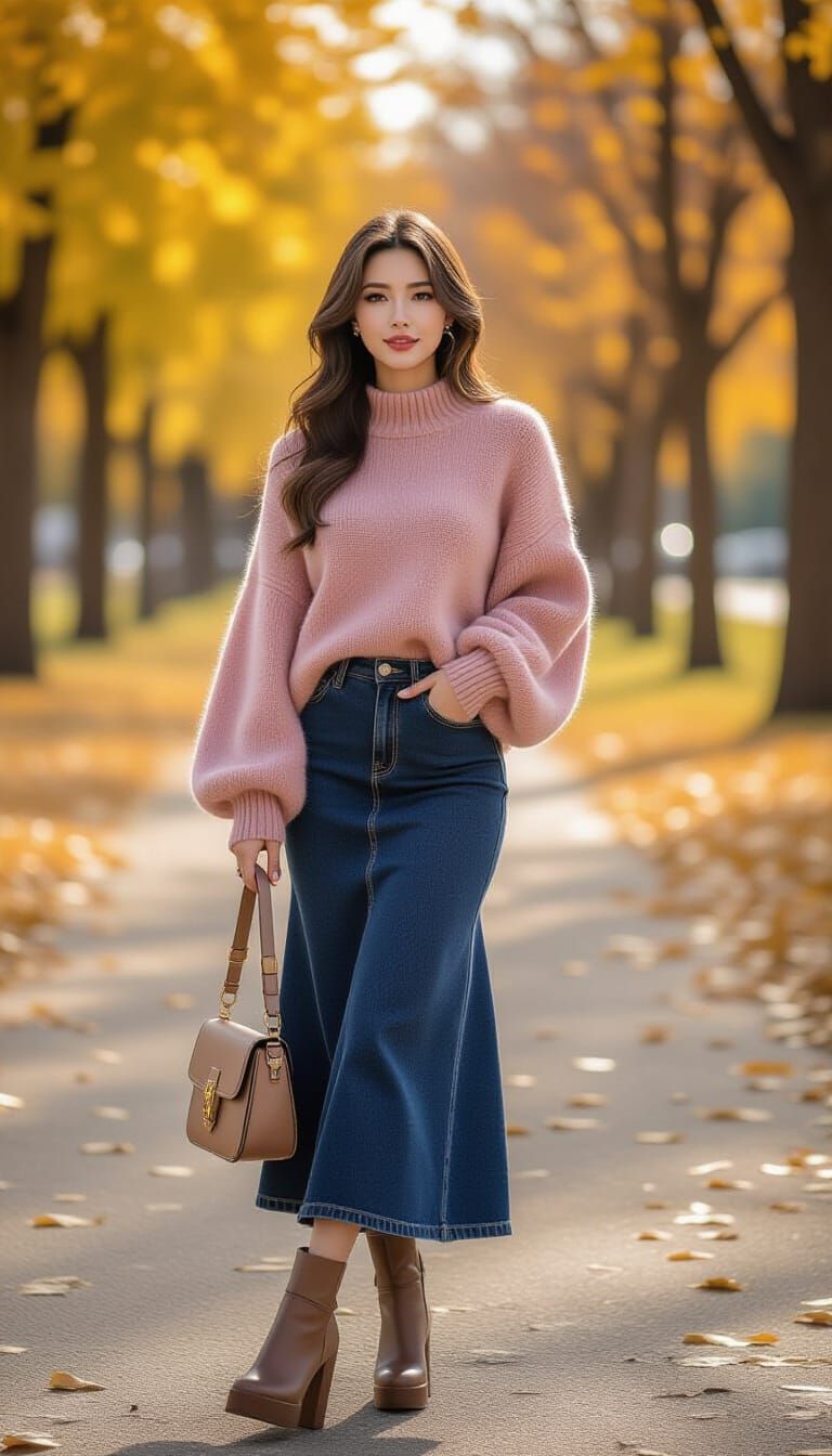 Woman in Dusty Rose Sweater and Jean Skirt in Autumn Park