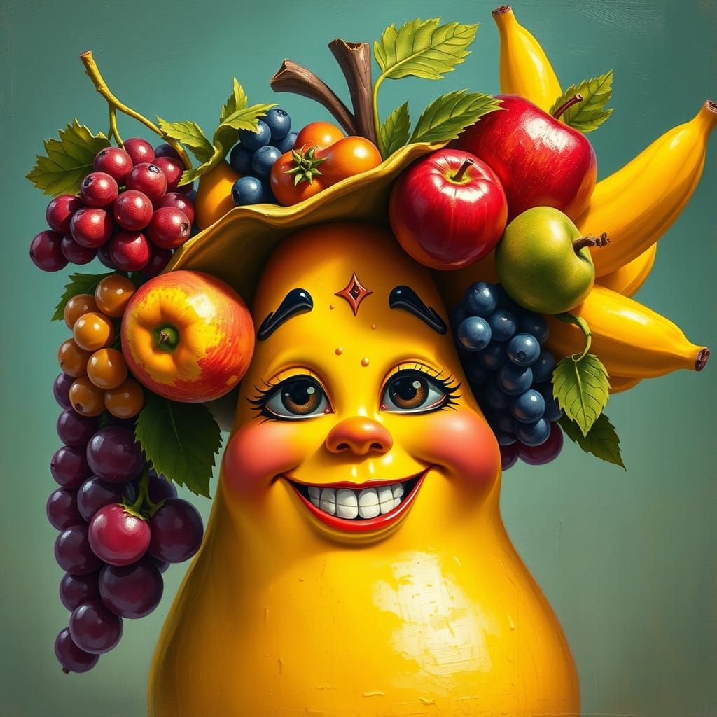 Whimsical Fruit Lady in a Carmen Miranda-Inspired Fruit Hat