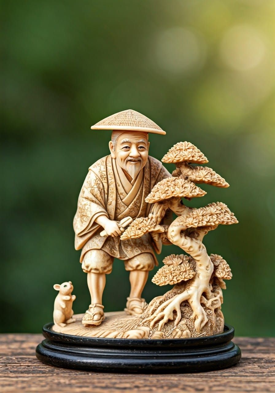 Antique Ivory Bonsai Sculpture of a Gentle Old Man