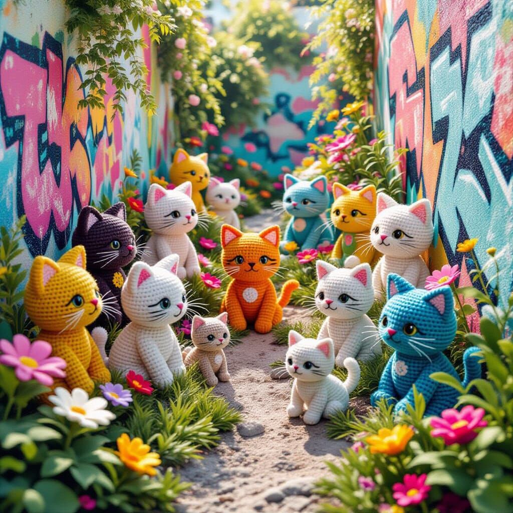Polychromatic 3D Crochet Garden with Cats