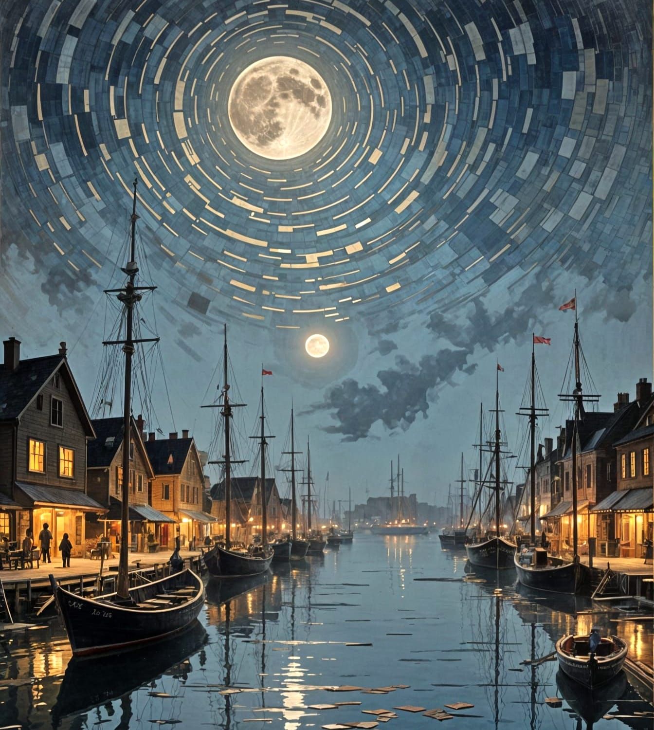 Surreal Moonlit Harbor with Fragmented Water and Dreamlike B...