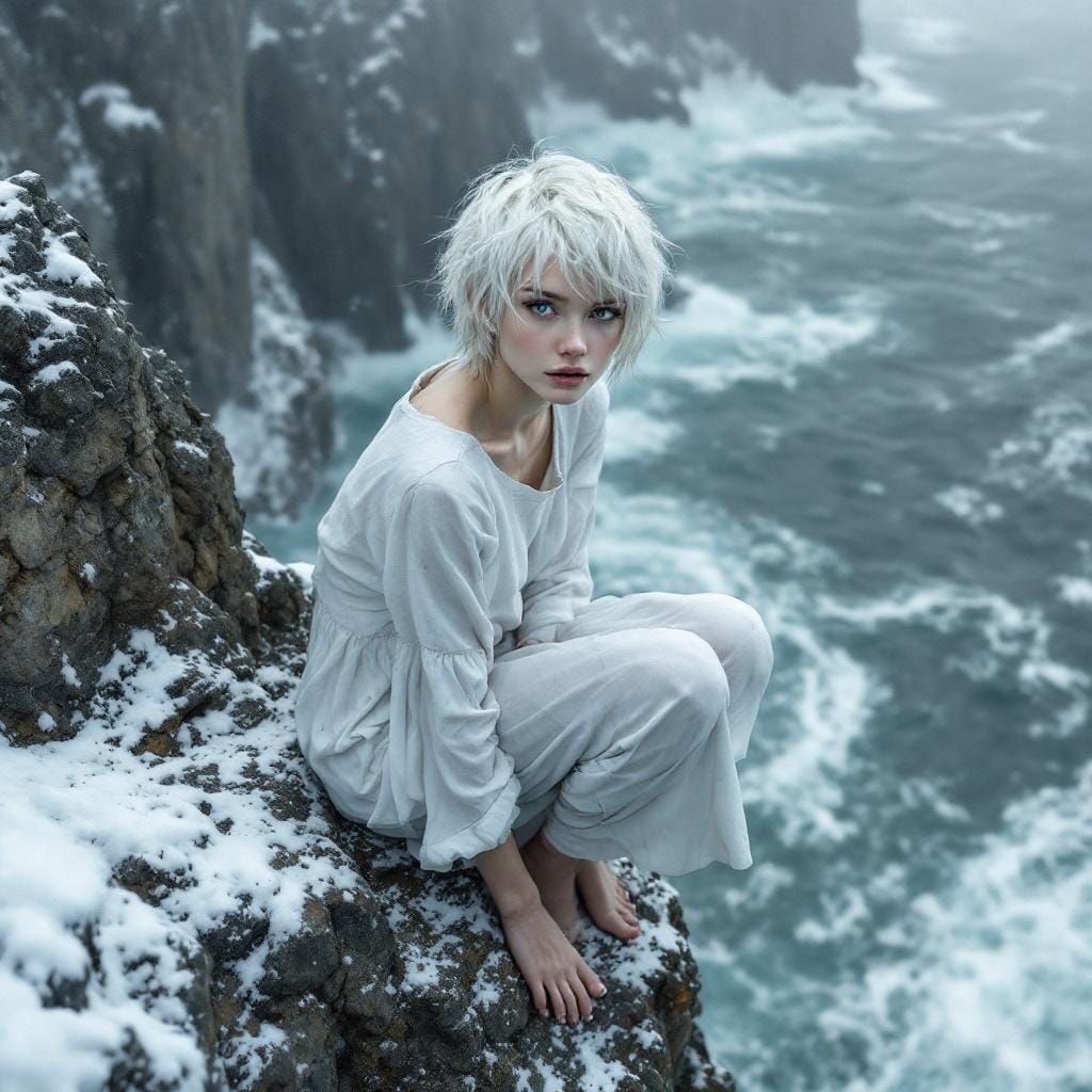 Albino Woman on Cliff Edge in Blizzard