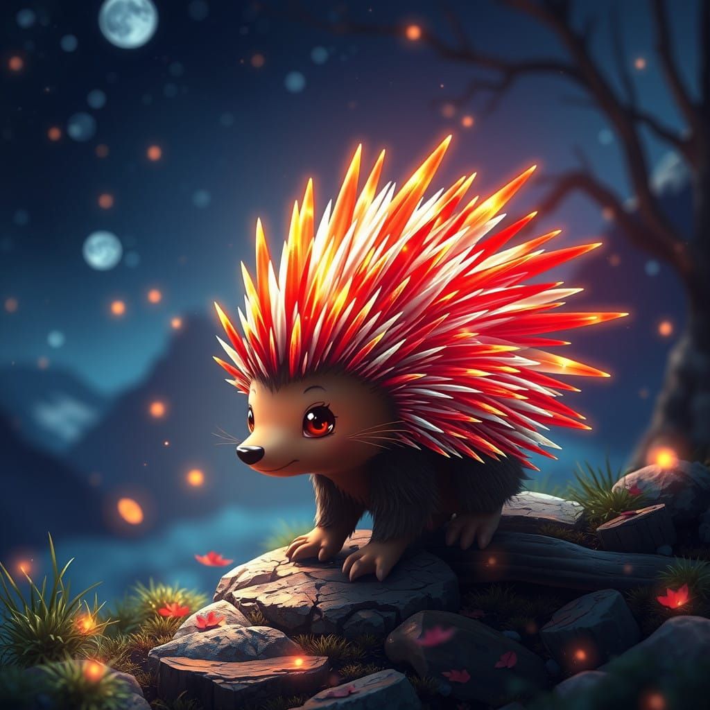 Chibi Porcupine Radiates Life Force in Epic Nighttime Scene