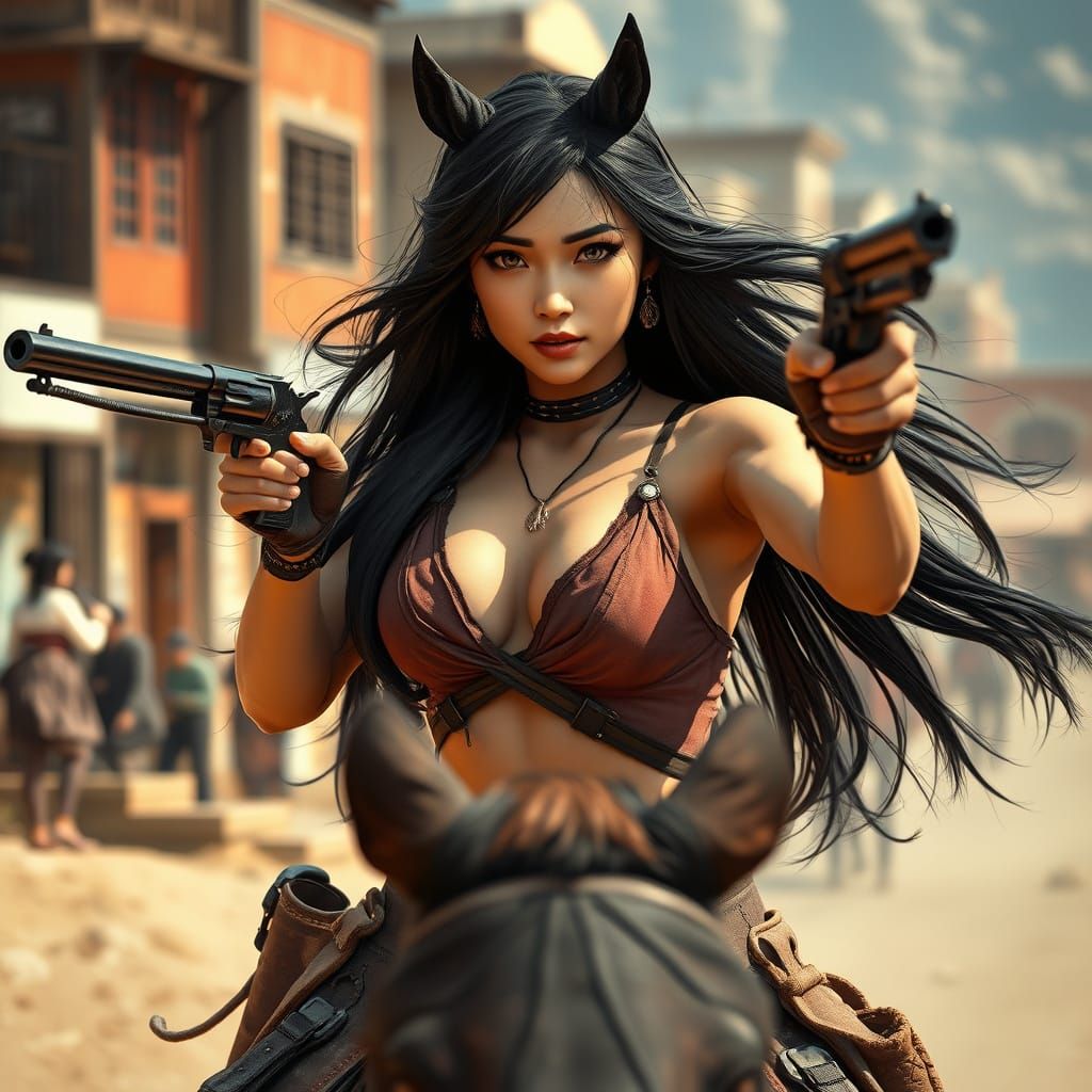 Asian Cowgirl in Wild West Town