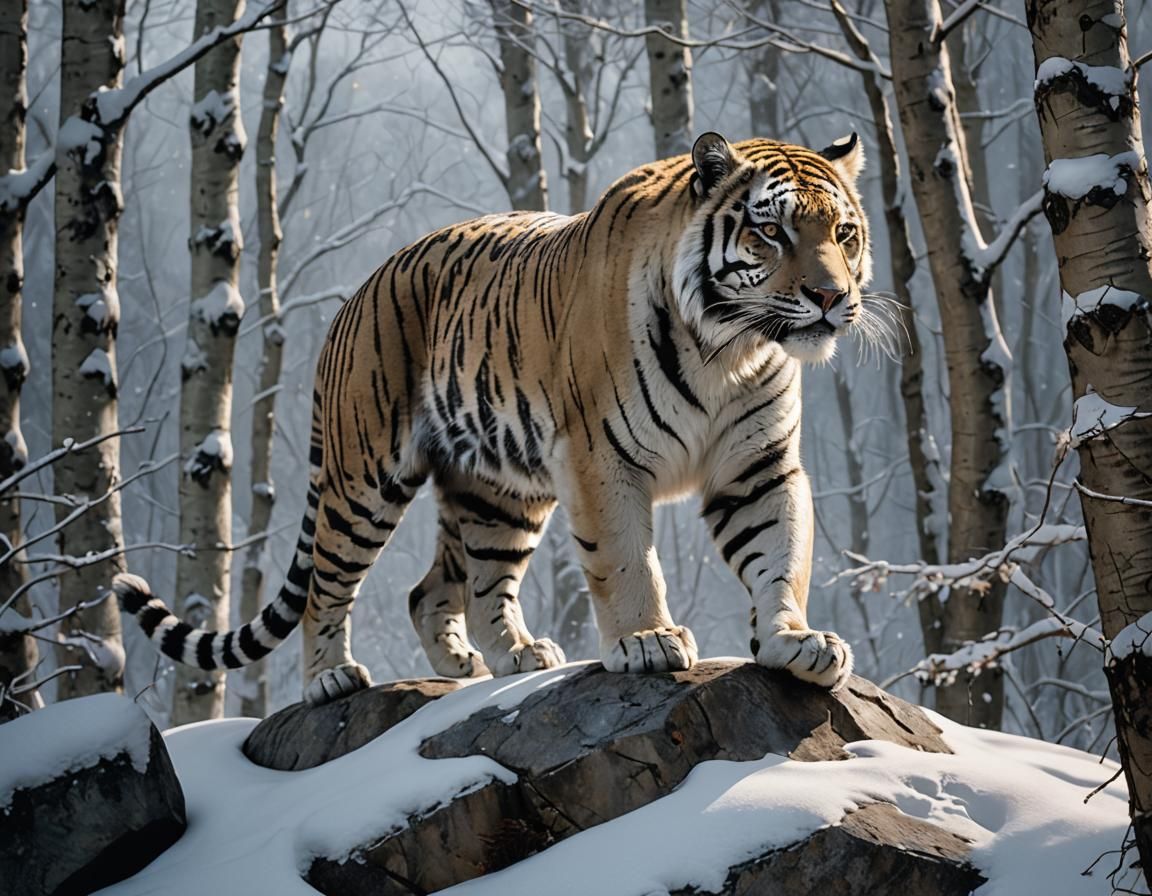 Hybrid Jaguar-Tiger Prowling in Snowy Birch Forest