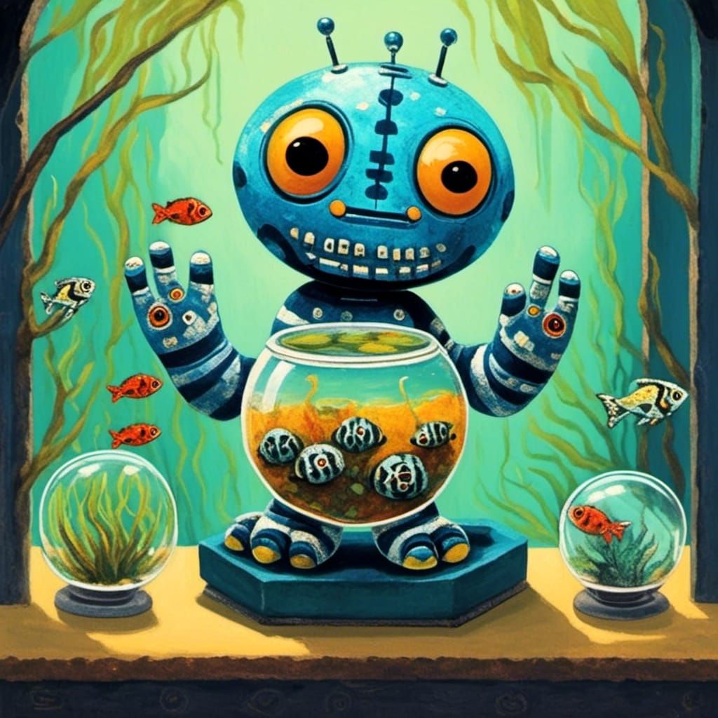 Robot in Alien Aquarium: A Dubuffet-Style Creation