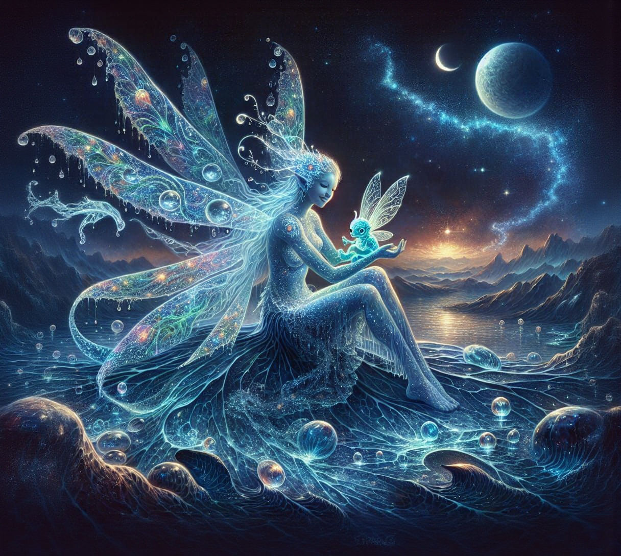 Mythic Water Fairy Amidst Celestial Bodies