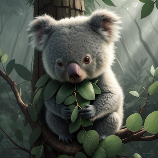 Surprised Koala Eating Leaves in Fantasy Art Style