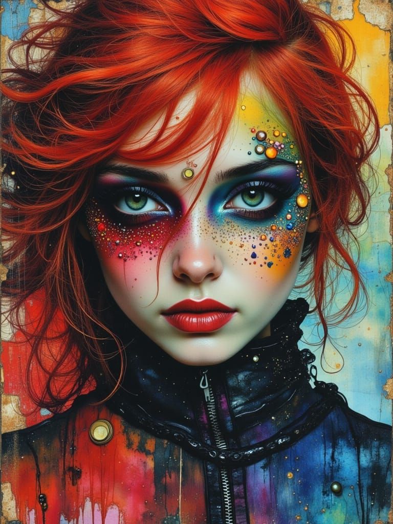 Gothic Despaircore Portrait in Watercolor Alcohol Textures