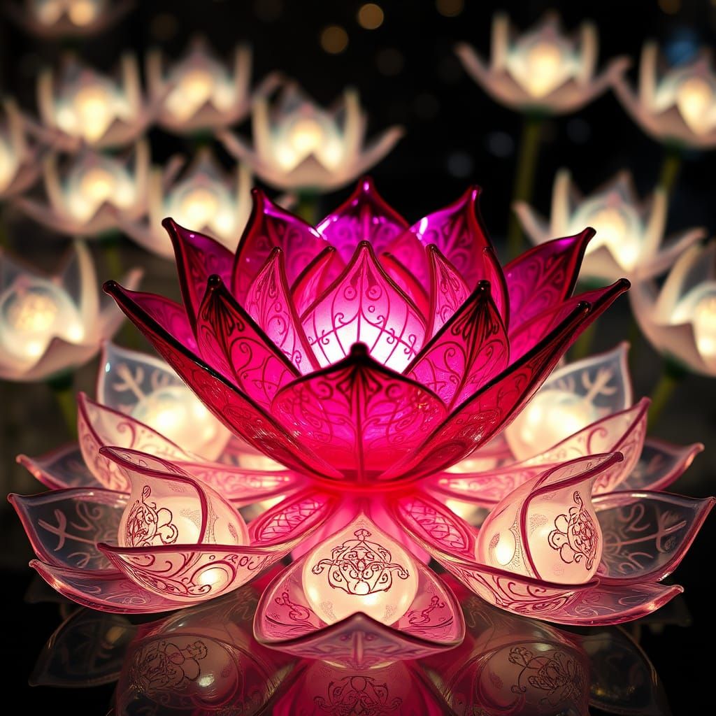 Glowing Crystal Lotus Sculpture in Blown Glass Style