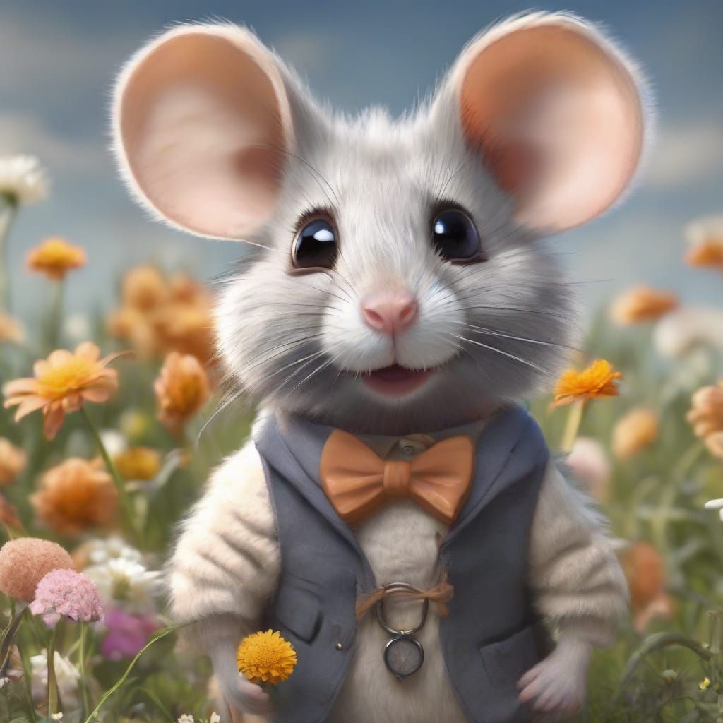 A magnificent oil painting of an adorable fluffy grey mouse with big ears wearing a peach vest a pocket watch big smile ...