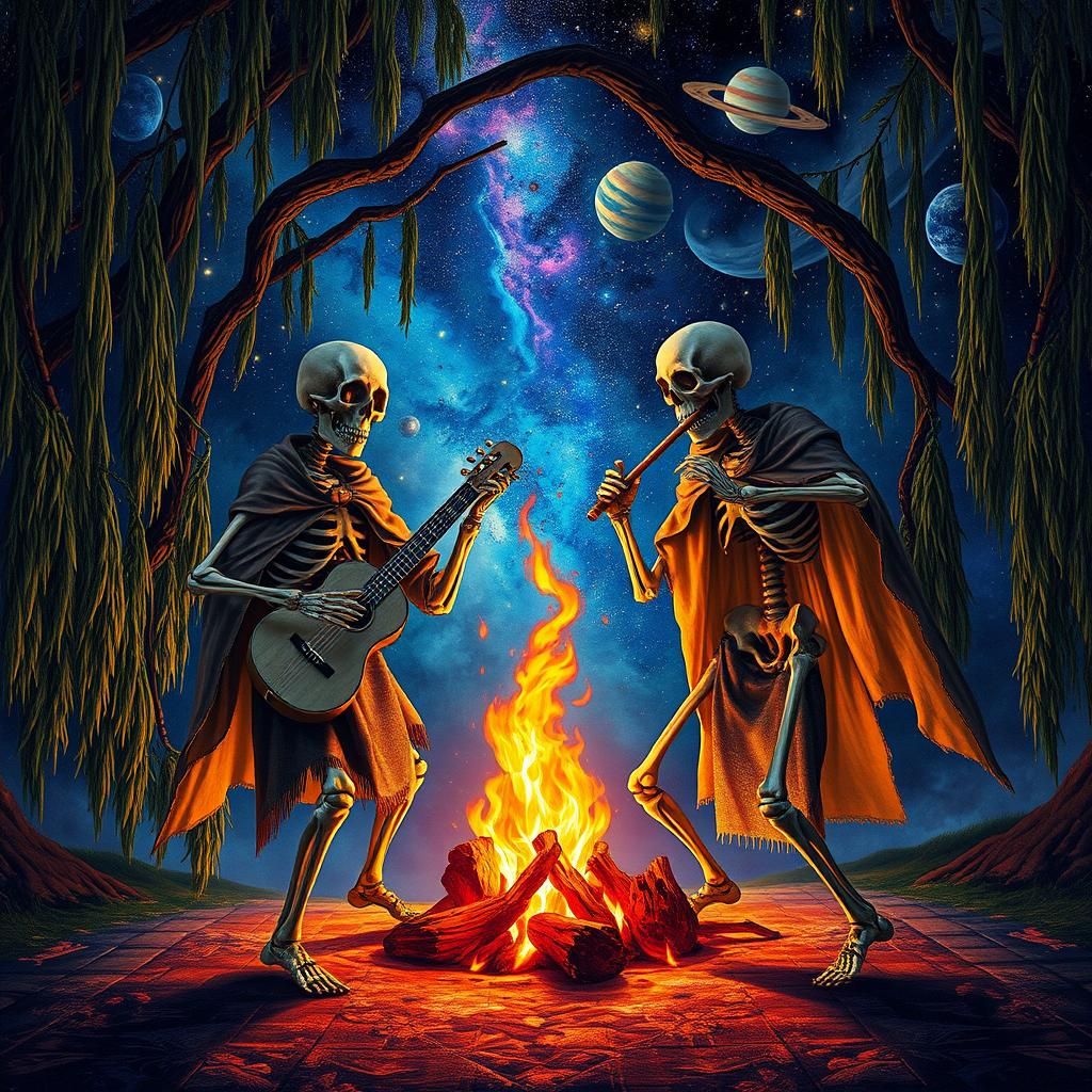 Medieval Skeletons Dance Under Astral Willow, Visionary Art