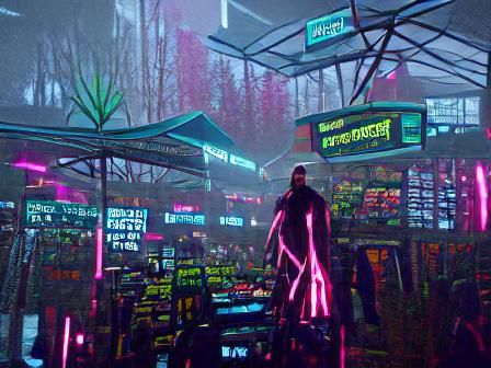 Cyberpunk Forest Market in Neon City, 2099