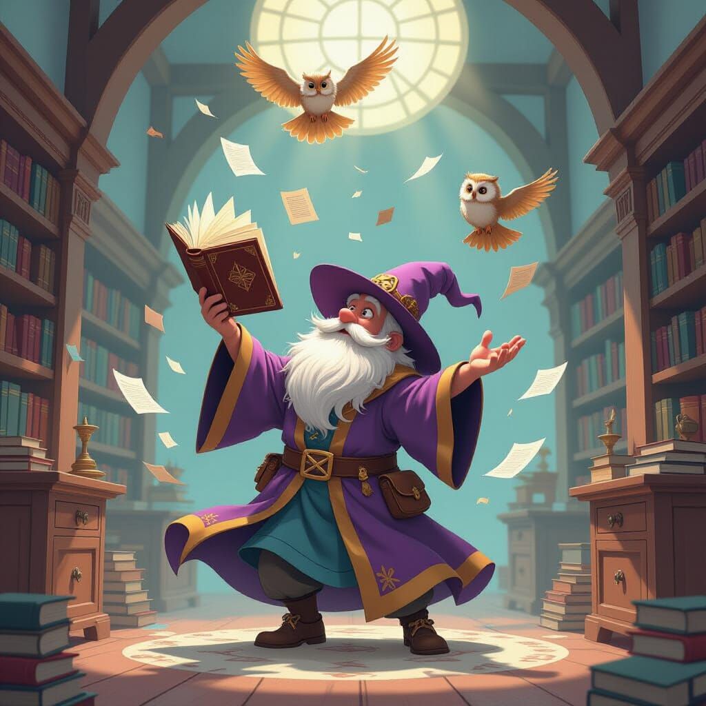 Reversed Gravity Fantasy World with Wizard and Owl