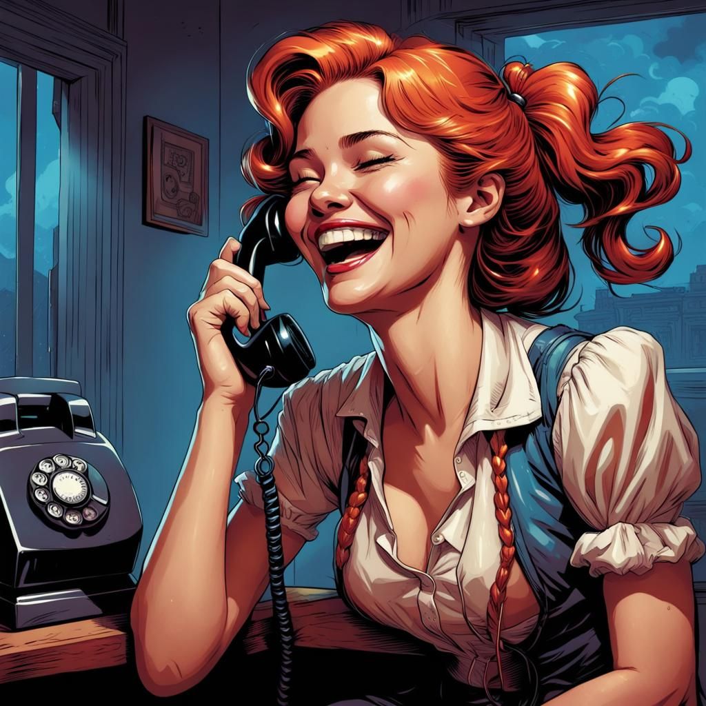 Girl Smiling on Old Landline Phone in Comic Book Style