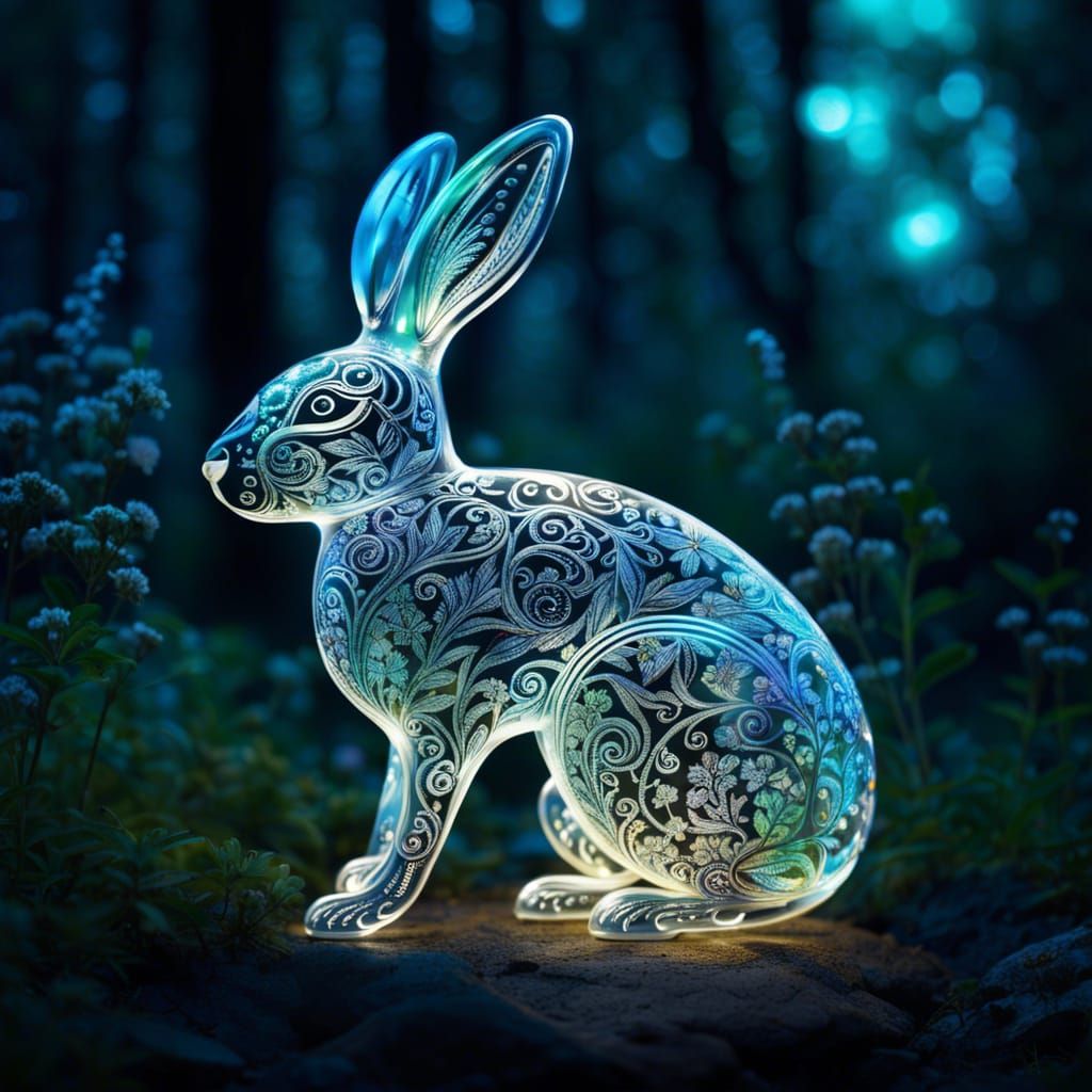 Ethereal Glass Hare in Enchanted Forest