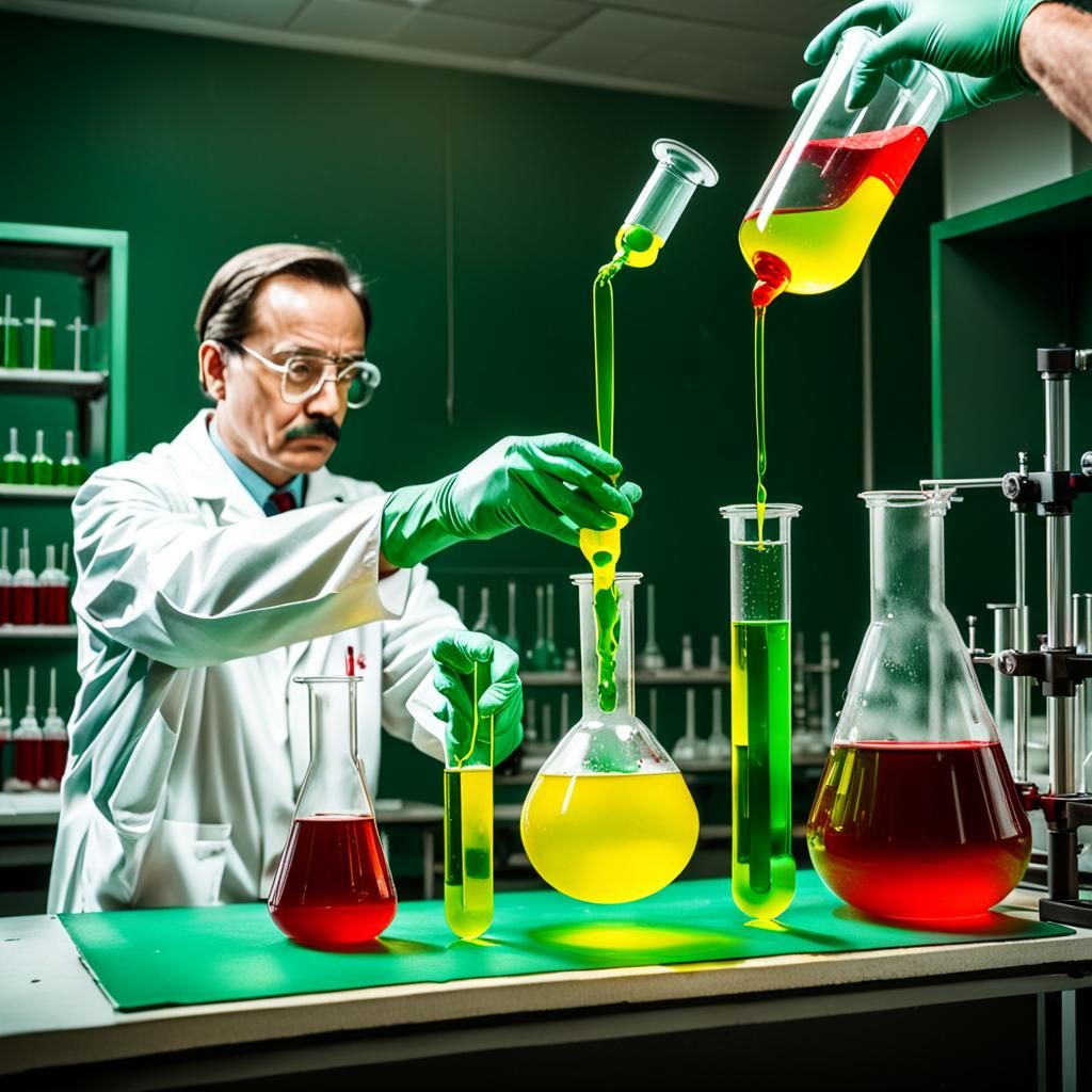 Chemist Mixing Colorful Liquids in Old Laboratory