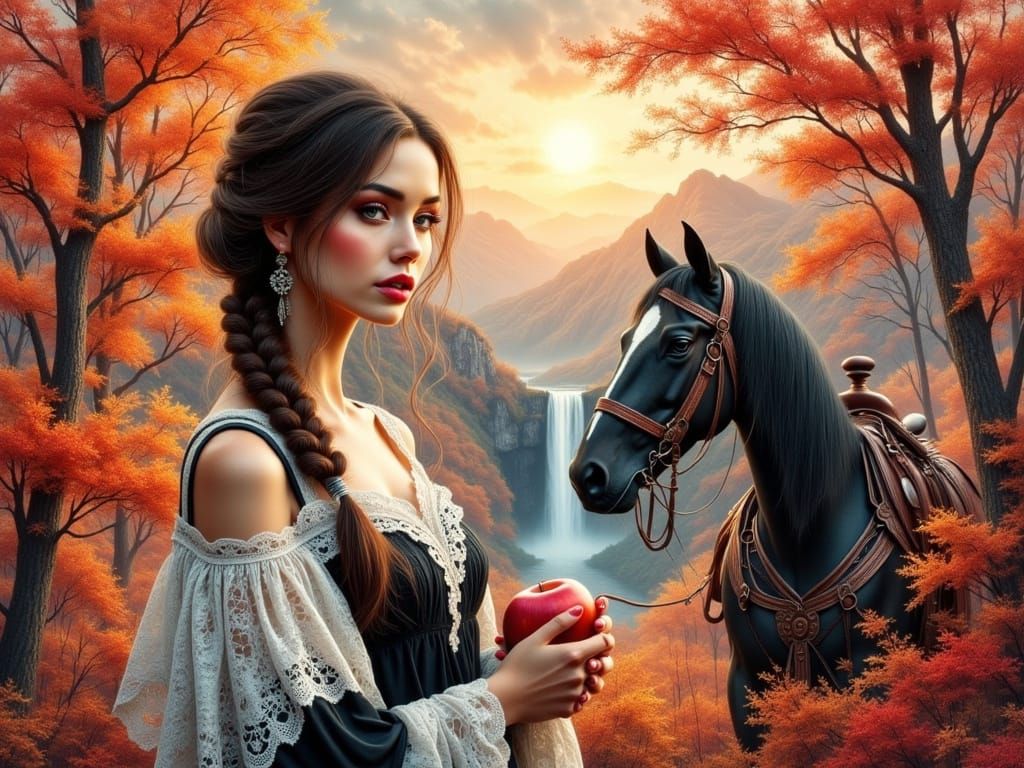 Woman Feeds Horse Apple Amidst Autumn Scenery