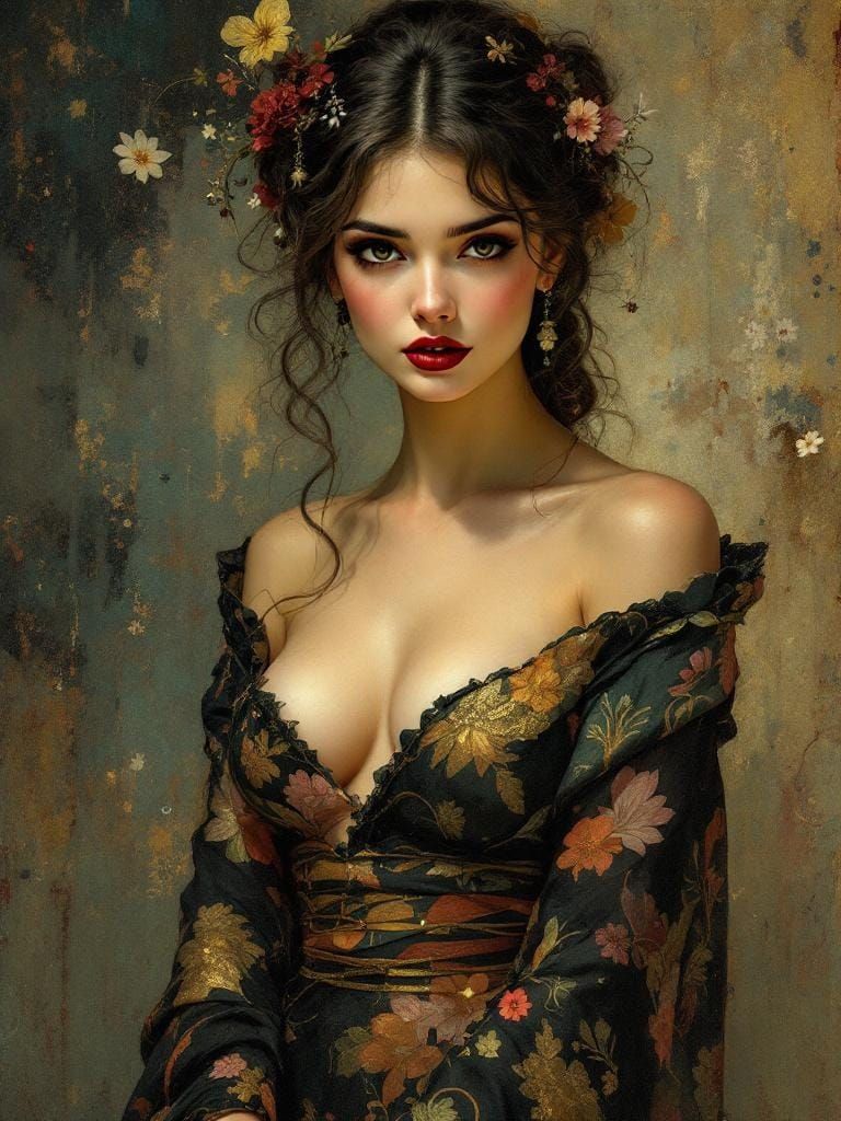 Pin-Up Woman in Ethnic Dress: Alphonse Mucha Style