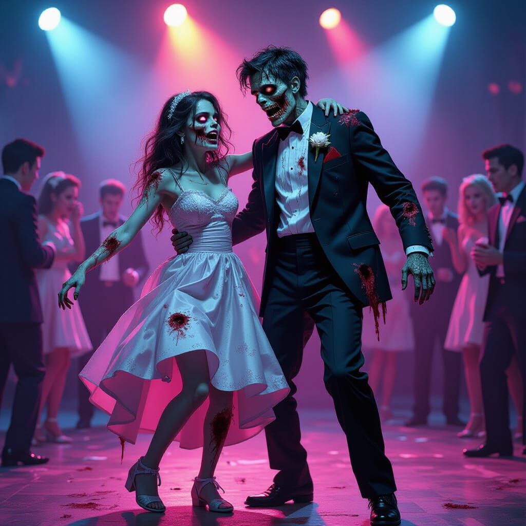 Zombie Couple Dances at Chaotic 1980s Prom