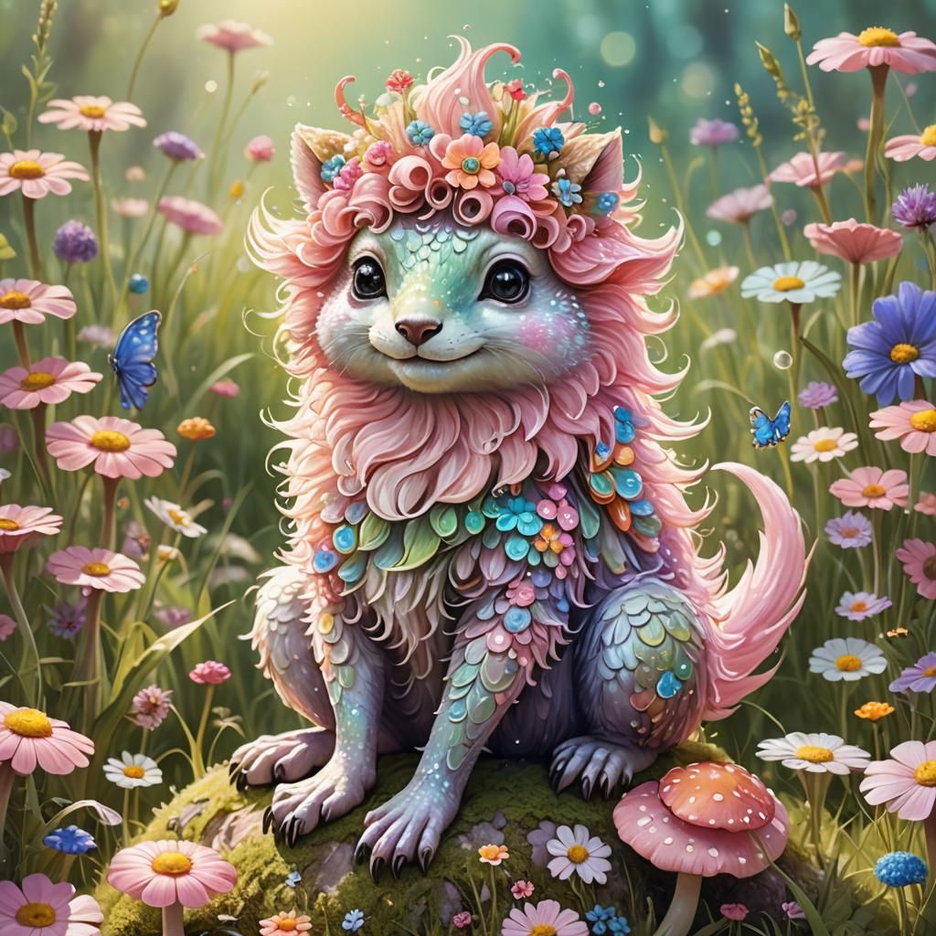 Whimsical Creature in Sunny Meadow Illustration