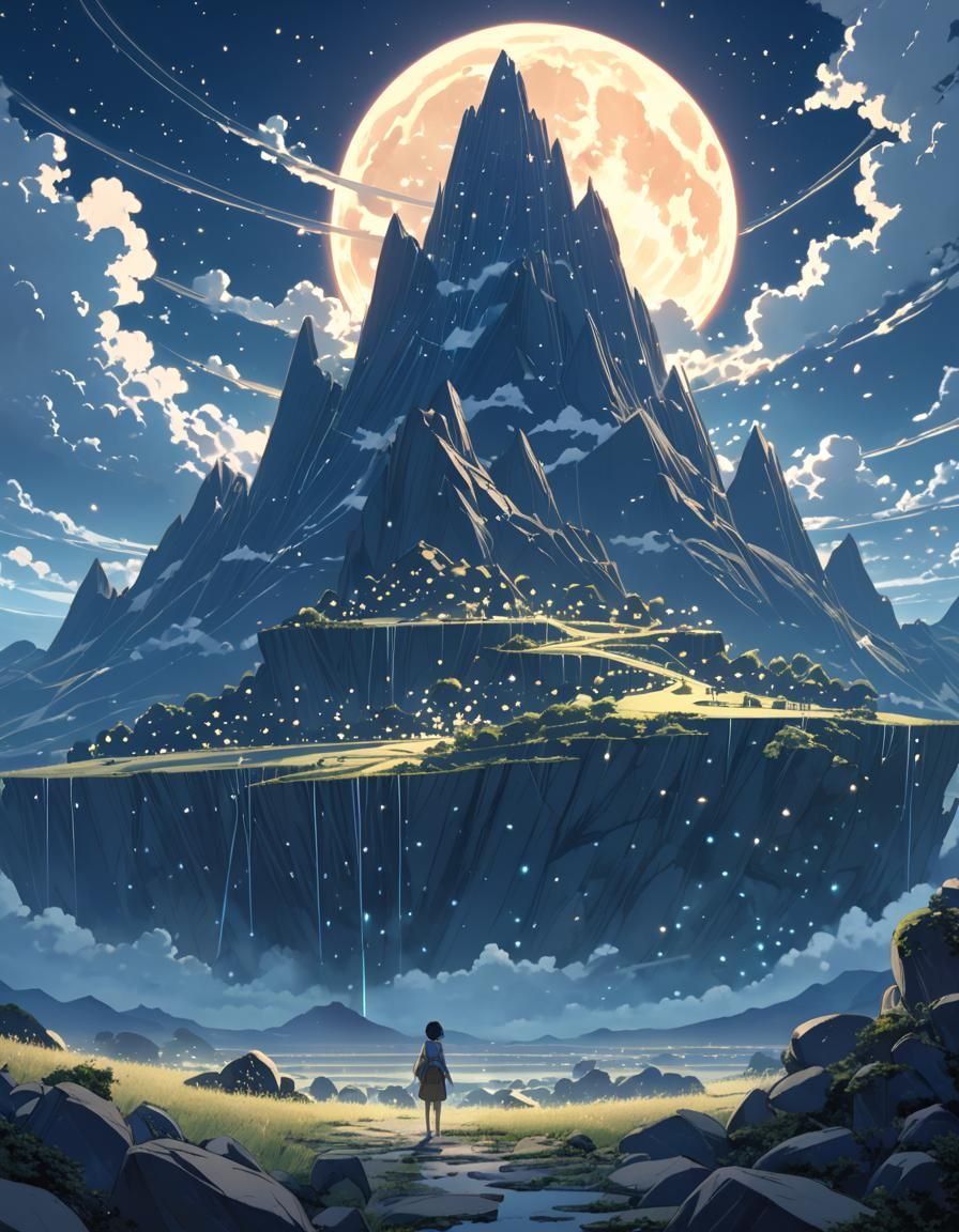 Eerie Moonlit Fantasy Landscape in Anime Style