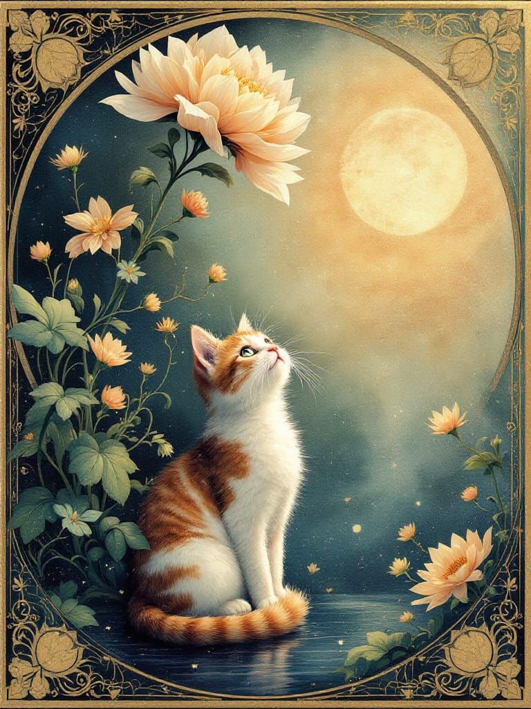 Cat Under Flower with Cosmic Wonder and Elegant Detail