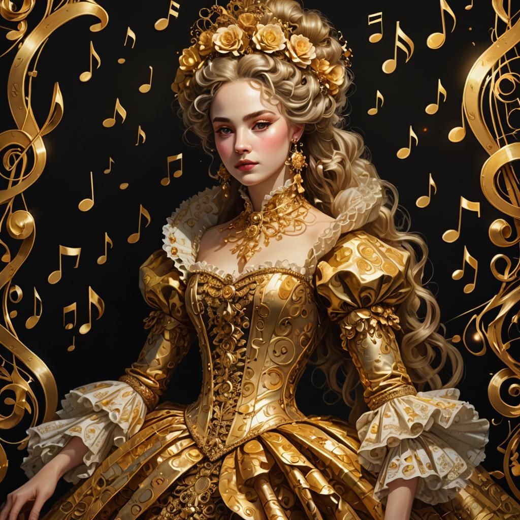 Baroque Woman Adorned in Golden Music Notes