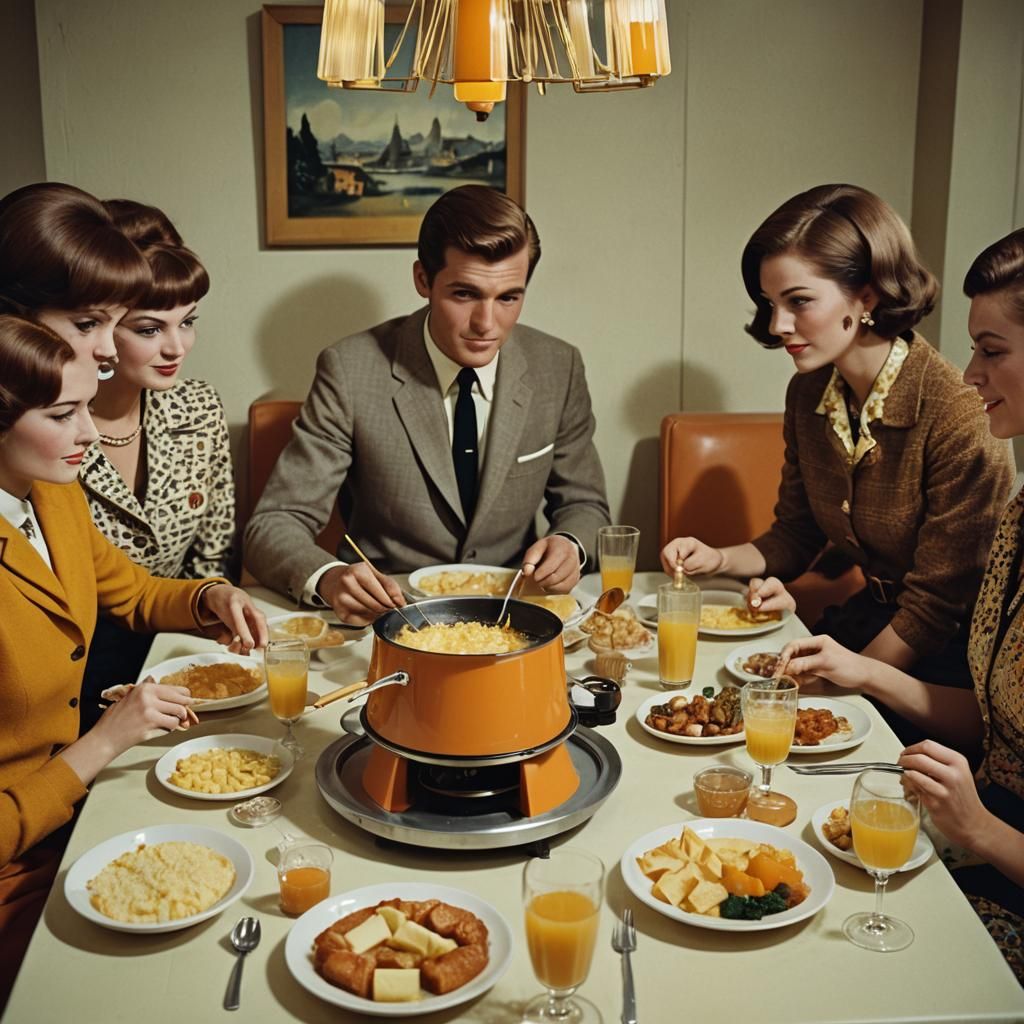 Chic Friends Enjoying Fondue in 1960s Style