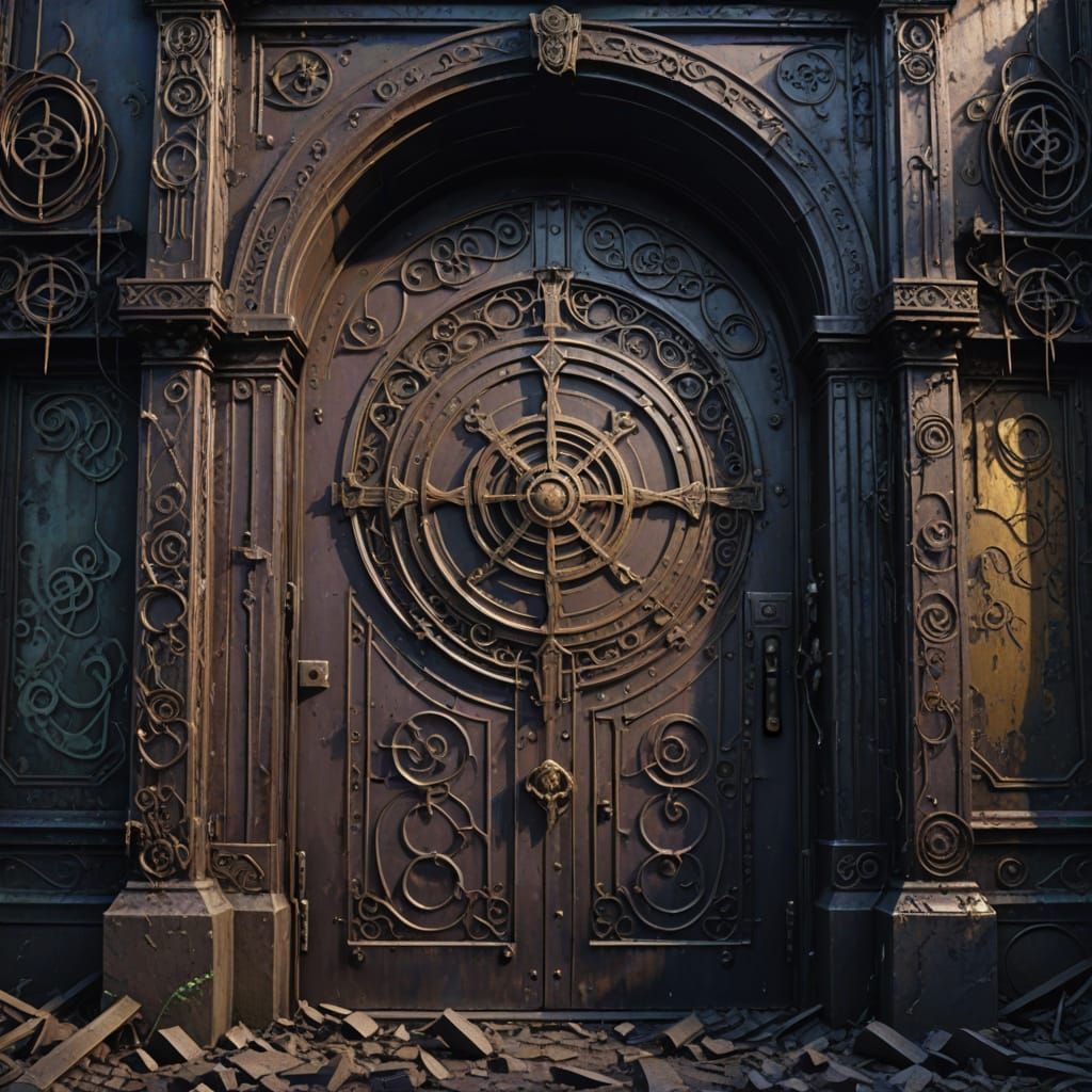 Mysterious Metal Door in Ruined Cityscape