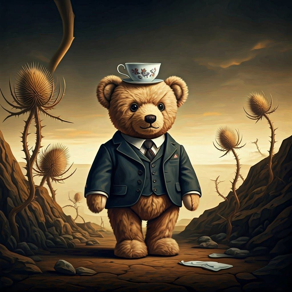 Teddy Bear in Victorian Suit in Surrealist Dreamscape