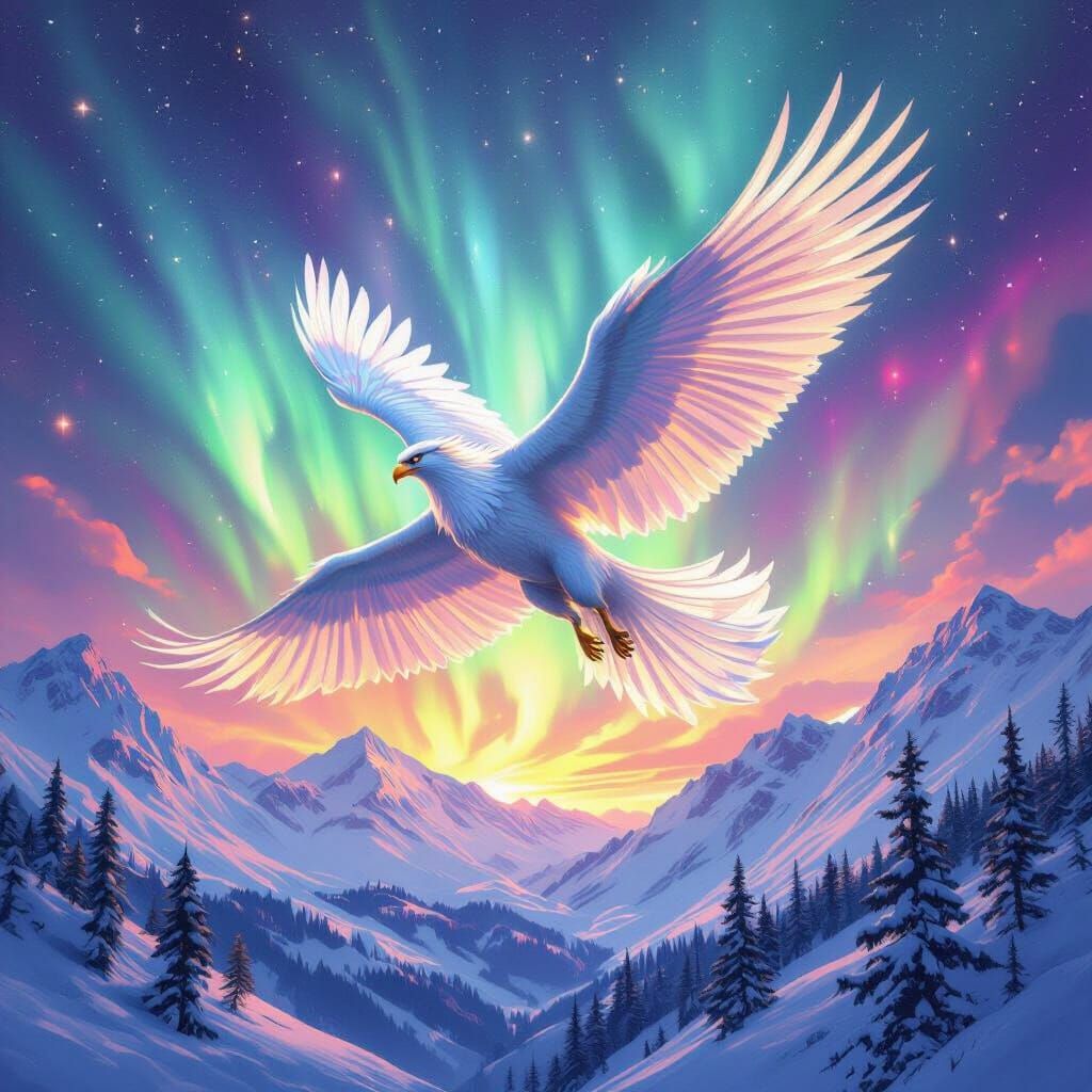 Griffin Soaring Through Aurora Sky in Digital Painting Style