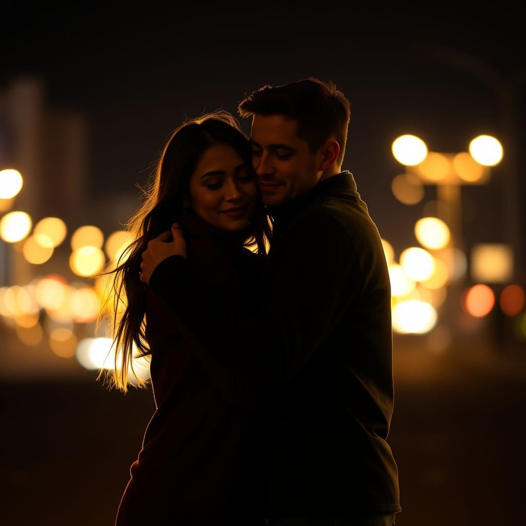 Couple Embracing Under Romantic Evening Light