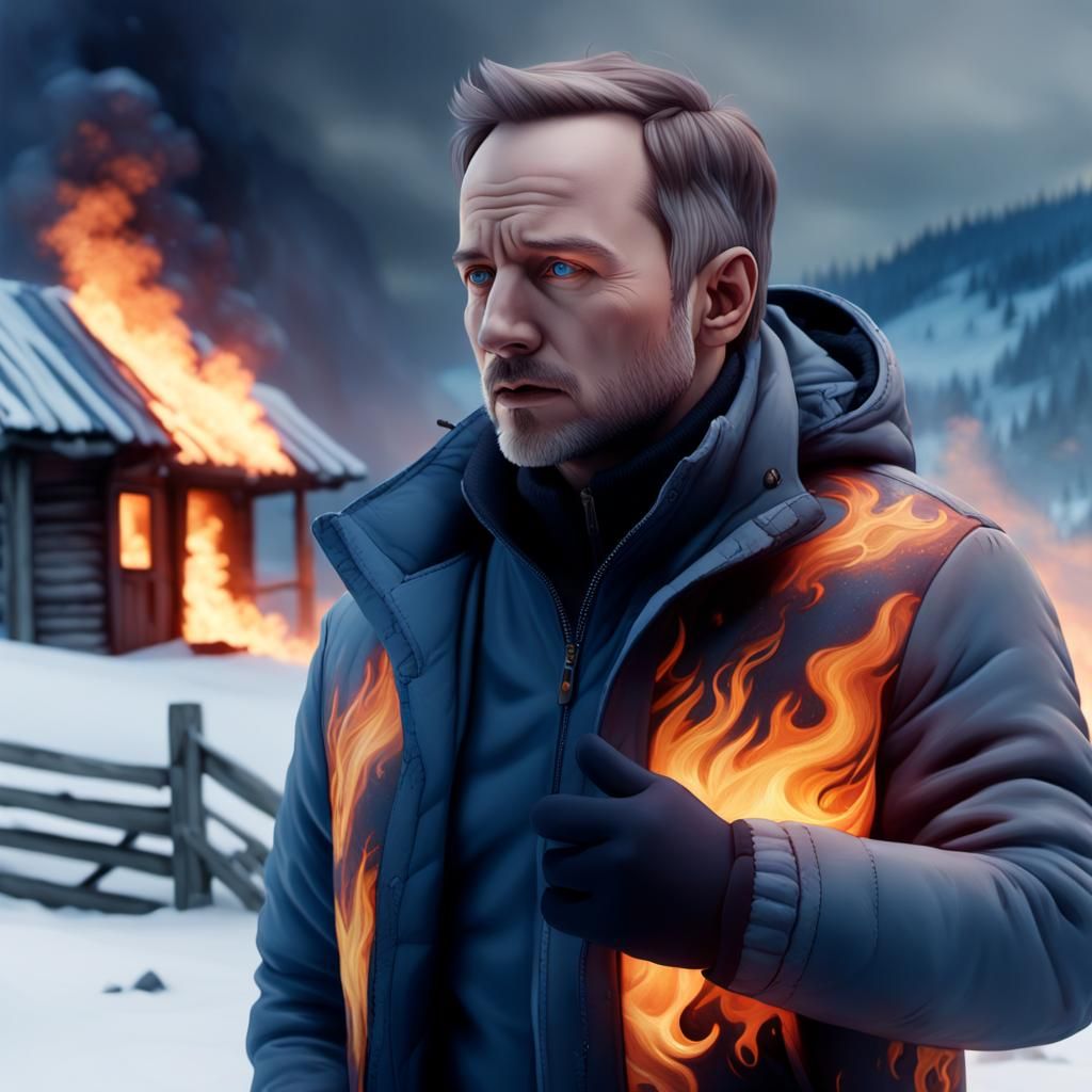 Fantasy Figure in a Burning Quebec Cabin Scene, in Vibrant C...