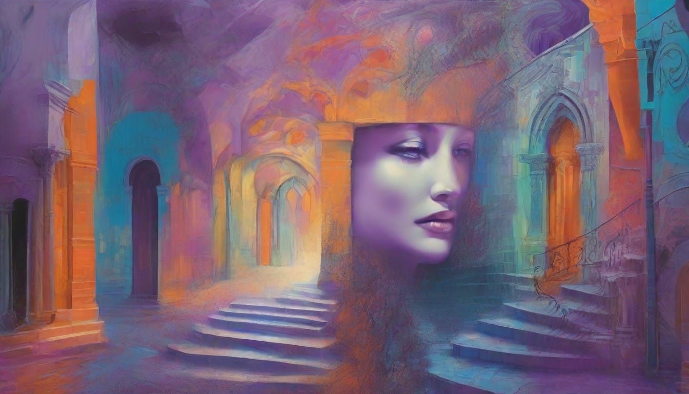 Surreal Portrait with Dreamlike Background and Geometric Fac...