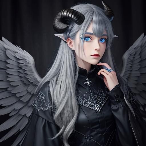 Fallen Angel with Blue Eyes and Curled Horns
