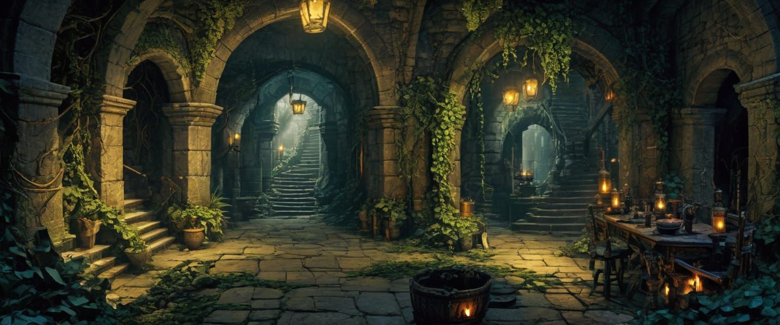 Fantasy Dungeon Floorplan with Eerie Lighting