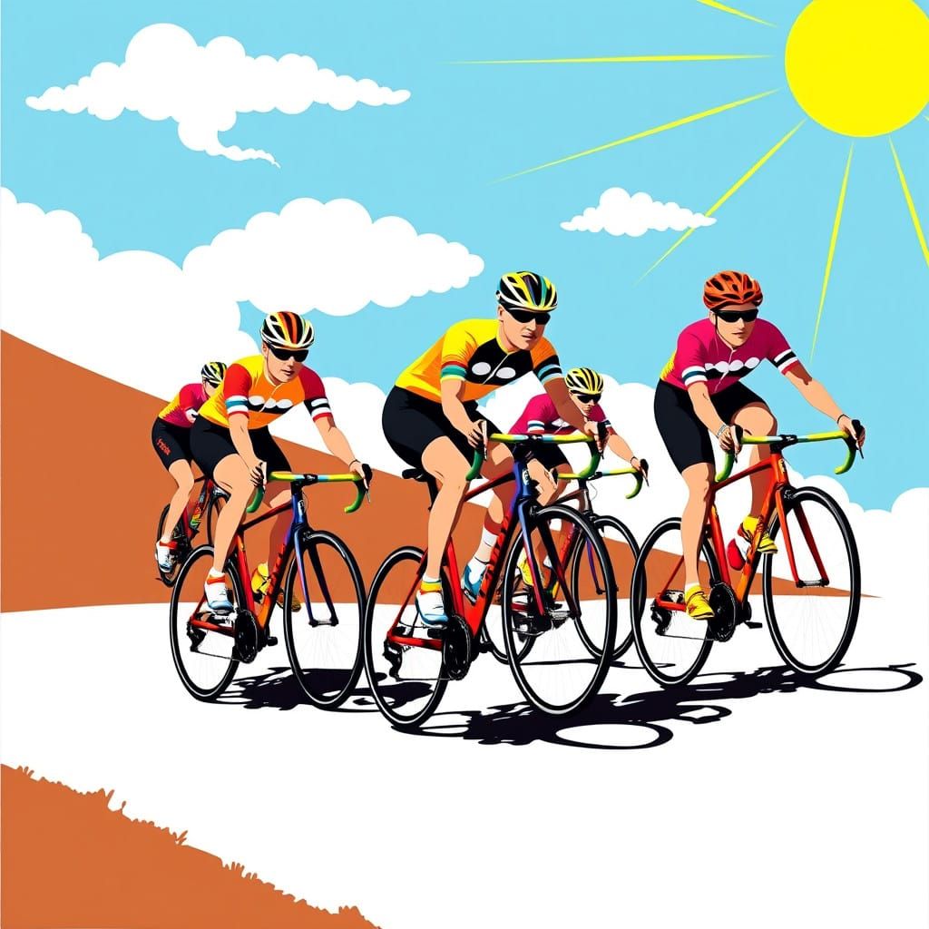 Pop Art Cyclists Climb a Bright Hill in Bold Colors