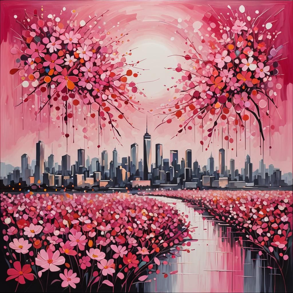 Pink Flower Landscape: Abstract Symbol of Resilience