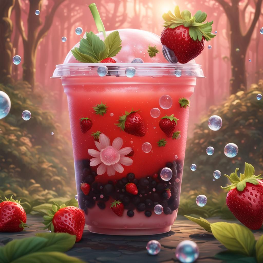 Hyperrealistic Strawberry Bubble Tea with Dandelions