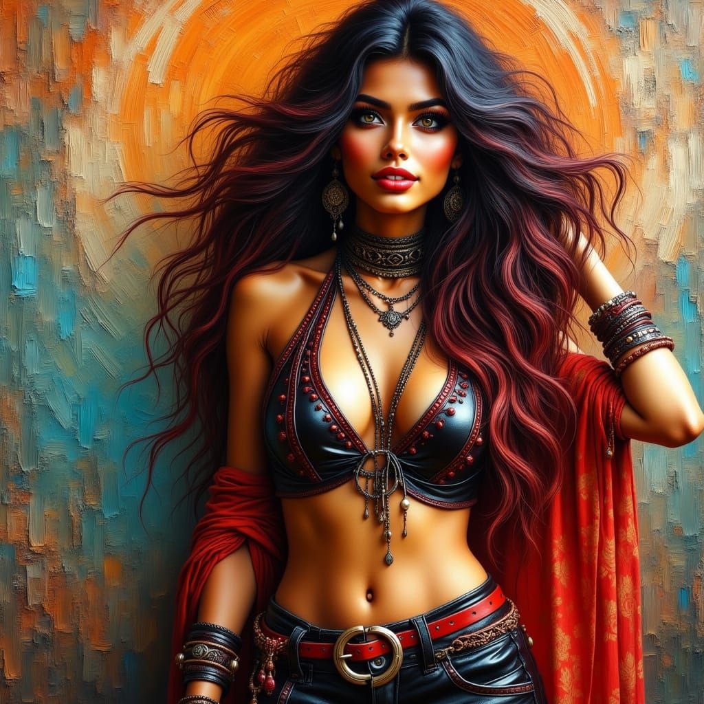 Sri Lankan Woman in Fiery Abstract Style