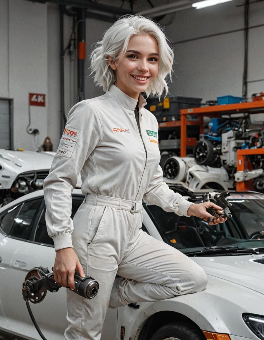 Smiling Mechanic in White Jumpsuit, Digital Art Portrait