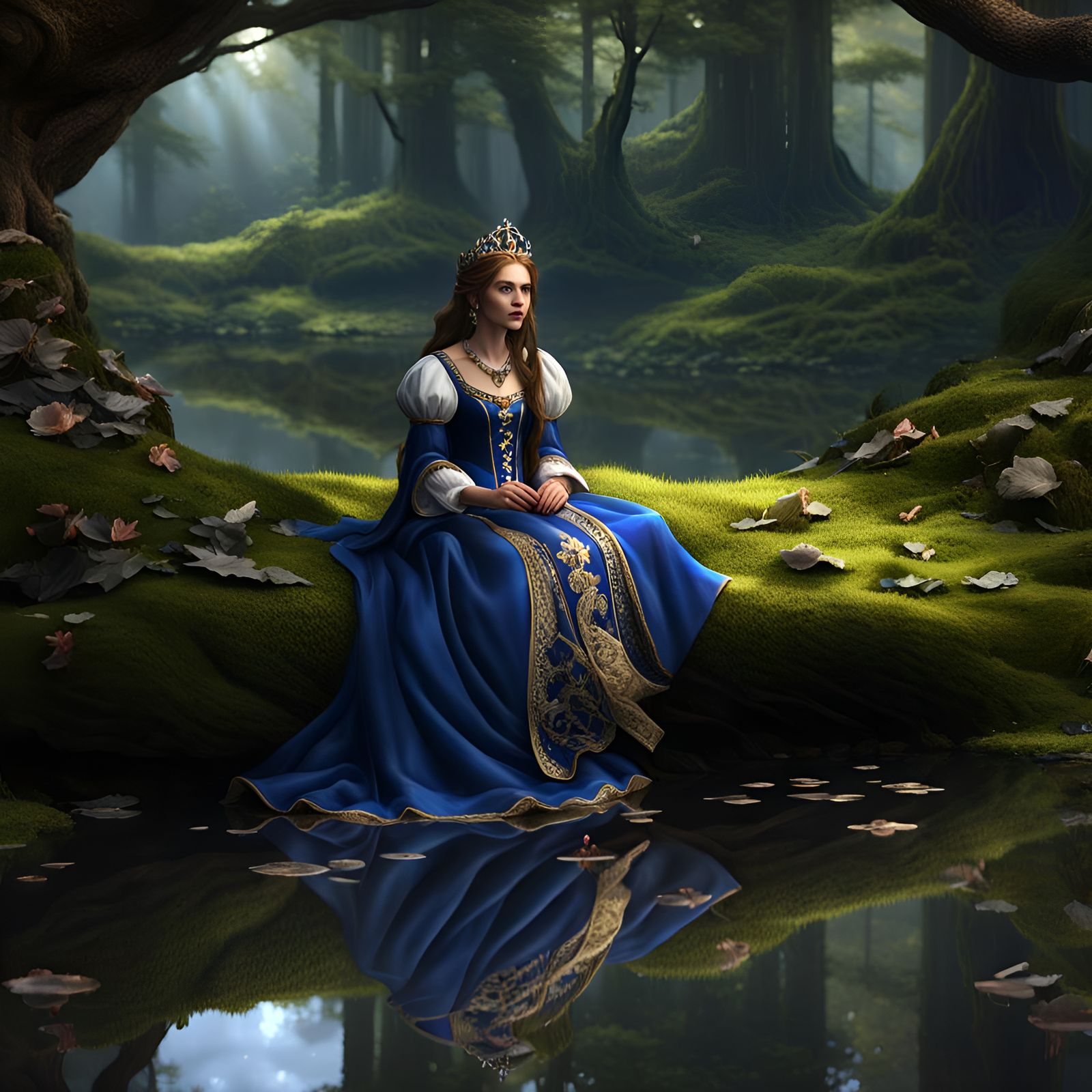 Princess Reflects in Pond: Detailed Fantasy Art