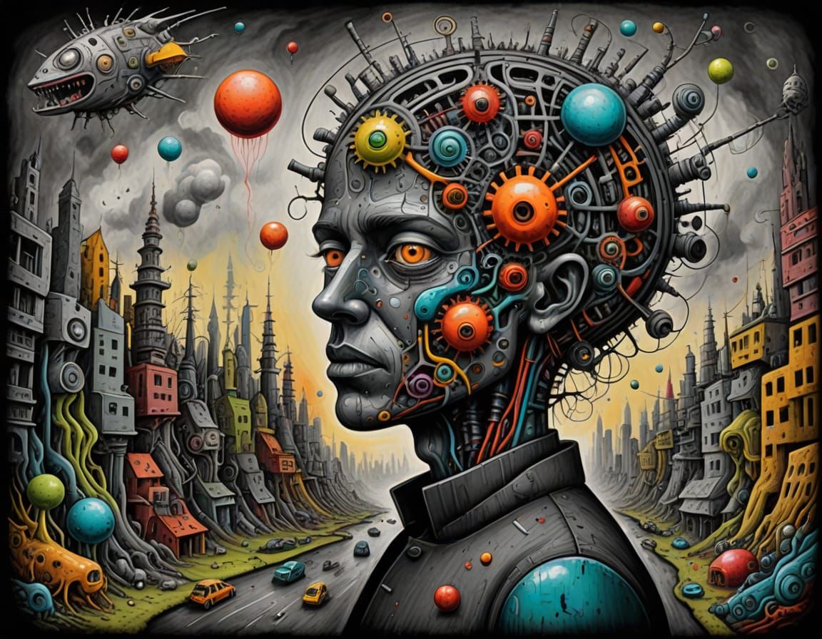 Surreal Biopunk Reality in Naive Art Style